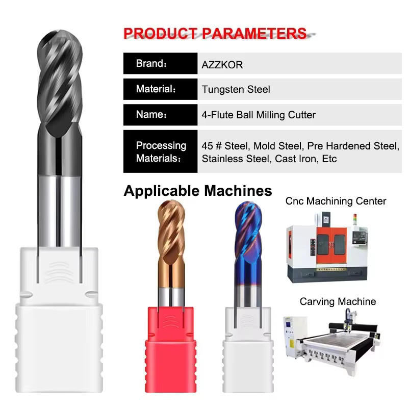 AZZKOR 4-schneidiger Kugelschaftfräser aus Wolframkarbid für Stahlmaterial, CNC-Fräser Werkzeug, R0,5-R6,0 mm - Bild 2