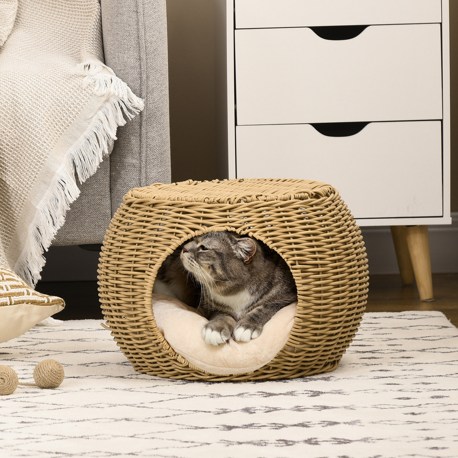 PawHut Katzenhaus Aosom Katzenhöhle aus geflochtenem Kunstharz-Rattan mit weichem Kissen, Hellbraun, Durchmesser: 40 cm, Höhe: 30 cm - Bild 2