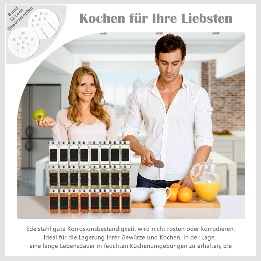 SIAZIH Gewürzglas-Set aus Glas mit Edelstahldeckel, quadratische Gewürzbehälter in Transparent, 35 Stück, Volumen: 120 ml pro Glas, inklusive Trichter und Etiketten - Bild 2