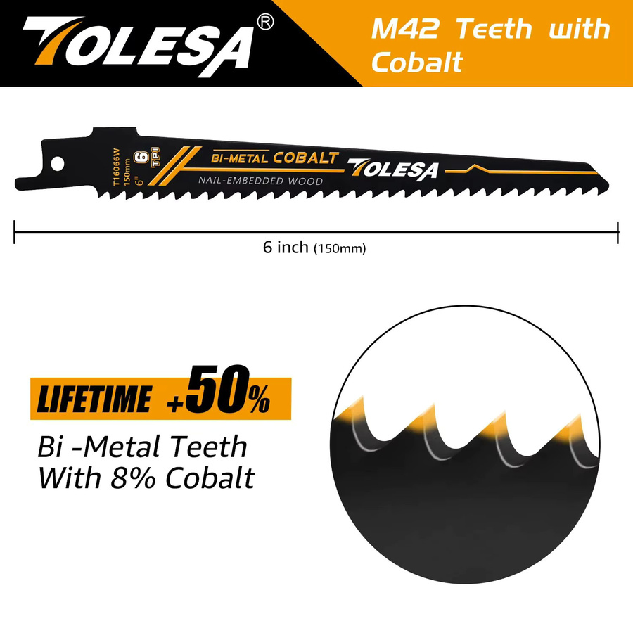 Tolesa 5-teiliges Sägeblatt-Set für Stichsägen aus Bimetall mit Kobalt für Holzfenster und Türen, 6 TPI, Schwarz - Bild 3