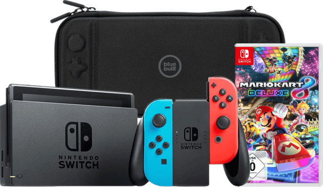 Nintendo Switch Handheld Konsole in Rot/Blau inklusive Mario Kart 8 Deluxe und Bluebuilt Travel Case - Bild 1