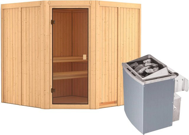 Karibu Sauna Kotka aus Fichtenholz mit 9 kW Ofen, integrierter Steuerung und bronzierter Glastür, Farbe Braun, B/T/H: 196 x 198 x 196 cm - Bild 1