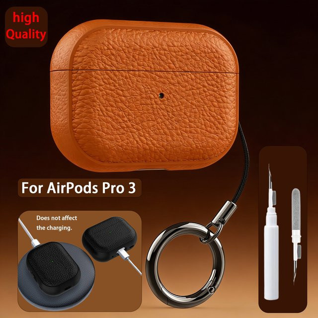 Schutzhülle für Apple AirPods Pro 3 aus weichem TPU-Leder in Orange inklusive Reinigungsset - Bild 1
