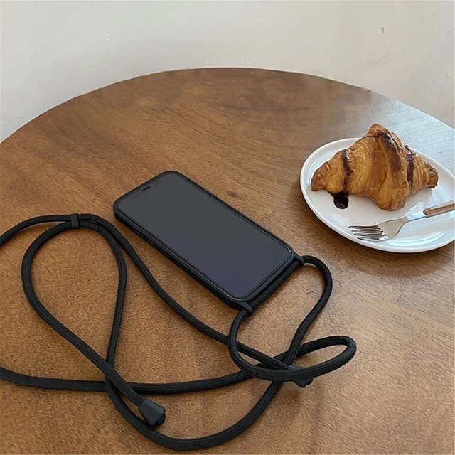 Crossbody Lanyard Cord Flüssigsilikonhülle für Apple iPhone 12 13 14 15 16 Pro Max Mini und SE mit Halskettenband in Pink und Black - Bild 1