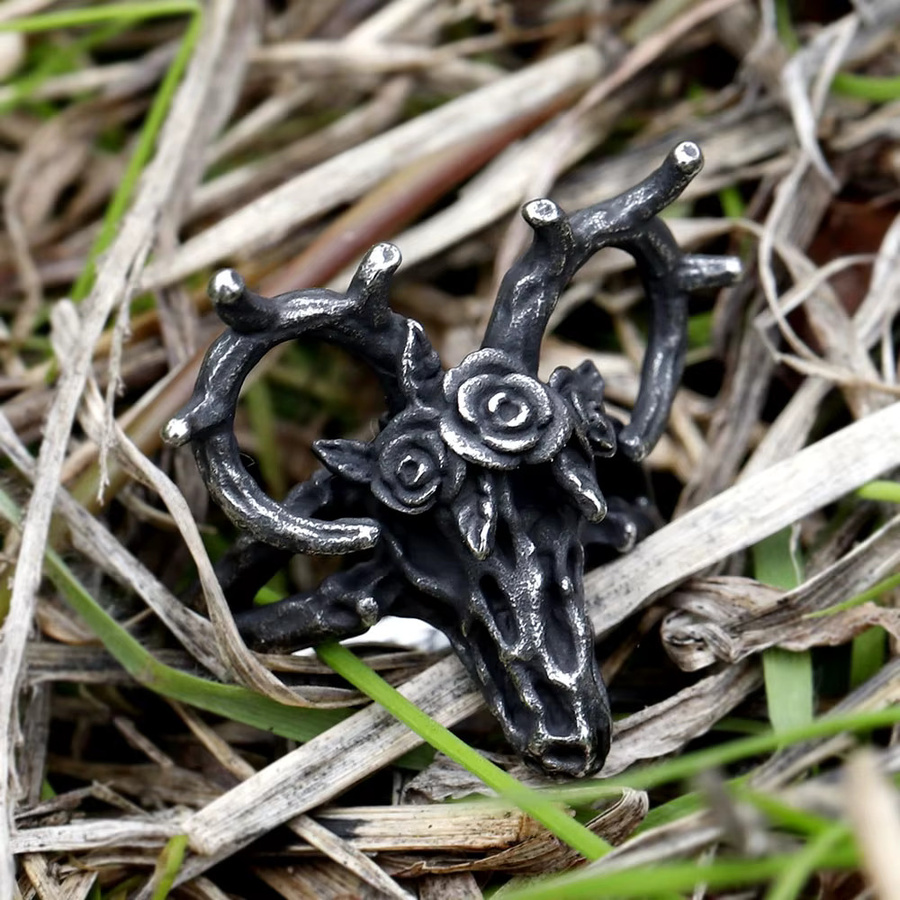 Sika Hirschkopf Tier Ring, Edelstahl, Silber, Unisex, Vintage - Bild 5
