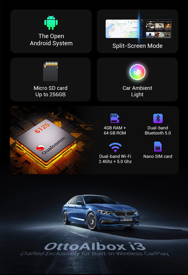 OTTOCAST OttoAiBox i3 Wireless CarPlay Android 13 AI Box mit Snapdragon 6125 und Netflix für BMW ID6 ID7 ID8 ID9 in Schwarz - Bild 2