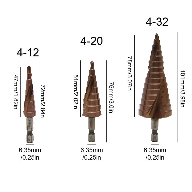 Mr Drill Pagodenlochöffner Stufenbohrer aus M35 Kobalt mit Sechskant-Schaft für Elektrowerkzeuge, 4-12 mm / 4-20 mm / 4-32 mm - Bild 2