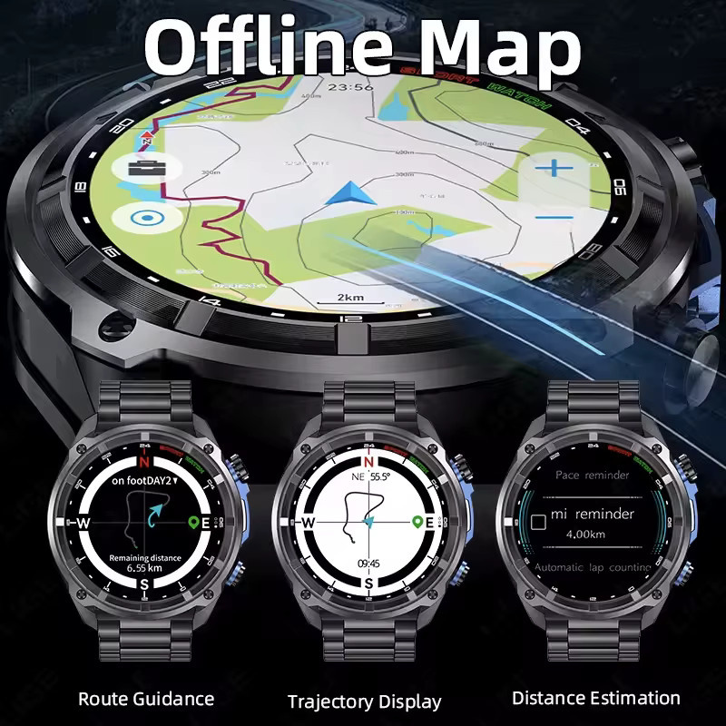 GUHUAVMI Smartwatch für Männer mit GPS Offline-Karten, Kompass, Bluetooth-Anruffunktion und 10ATM Wasserdichtigkeit, Schwarz - Bild 2