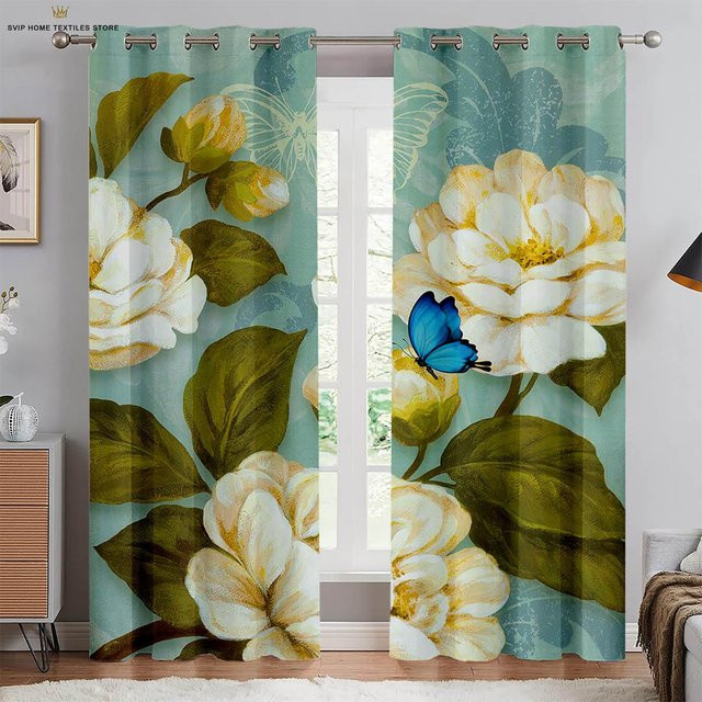 Yiran Furniture Dekorative Vorhänge mit Schmetterlings- und Blumen-Aquarell-Druck, 2er-Set, halbtransparent, Polyester, Mehrfarbig, B: 50 cm, H: 130 cm - Bild 1