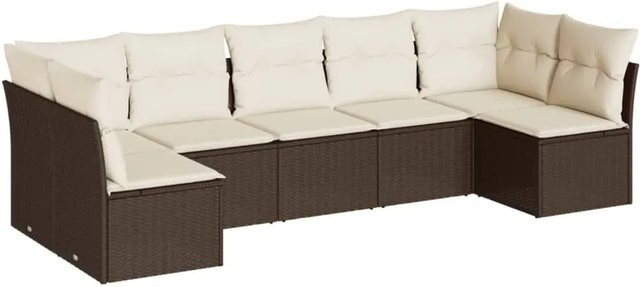 vidaXL 7-teilige Garten-Sofagarnitur in L-Form aus braunem Poly-Rattan mit cremeweißen Kissen und Stauraum - Bild 1