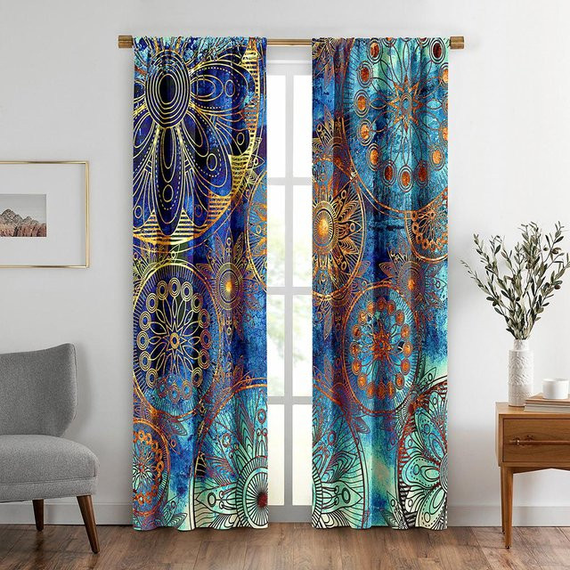 Yiran Furniture Vintage Boho Blumen Vorhänge mit abstraktem Design, 2er-Set, halbtransparent, Mehrfarbig, B: 65 cm, H: 60 cm - Bild 1