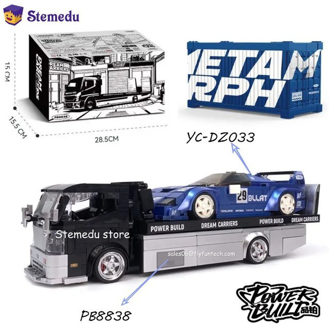 Power Built Bausteine Anhänger-LKW, blaues Sportwagen-Modell, Fahrzeuge - Bild 1
