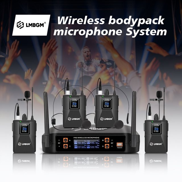 LMBGM Drahtloses 4-Kanal Mikrofonsystem mit Lavalier- und Headset-Mikrofonen in Schwarz, UHF Dualband-Wireless-Set - Bild 1
