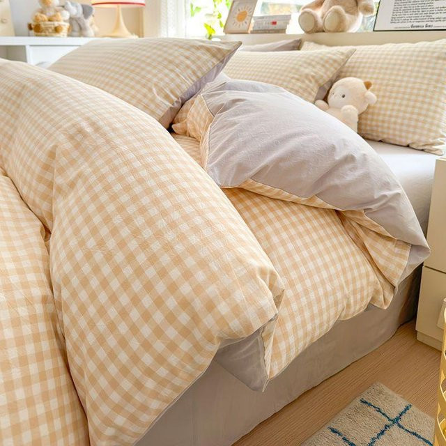Bin Chi Textiles Bettwäsche-Set mit Karomuster in Rosa und Gelb, bestehend aus Bettbezug, Kissenbezug und Spannbettlaken, B/H: 150 x 200 cm - Bild 1
