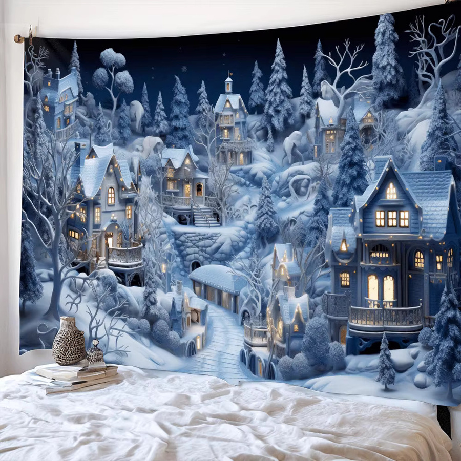 VIKAMA Weihnachts-Wandteppich mit verschneiter Weihnachtsdorf-Szene in Blau, dekorative Wanddekoration für Wohnzimmer und Neujahr, B/H: 60 x 60 cm - Bild 2