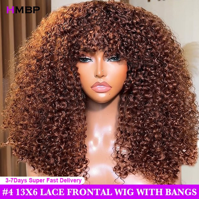 HMBP Kinky Curly Glueless Perücke aus Echthaar, Schokoladenbraun, mit Pony, HD Transparente Lace Frontal - Bild 1