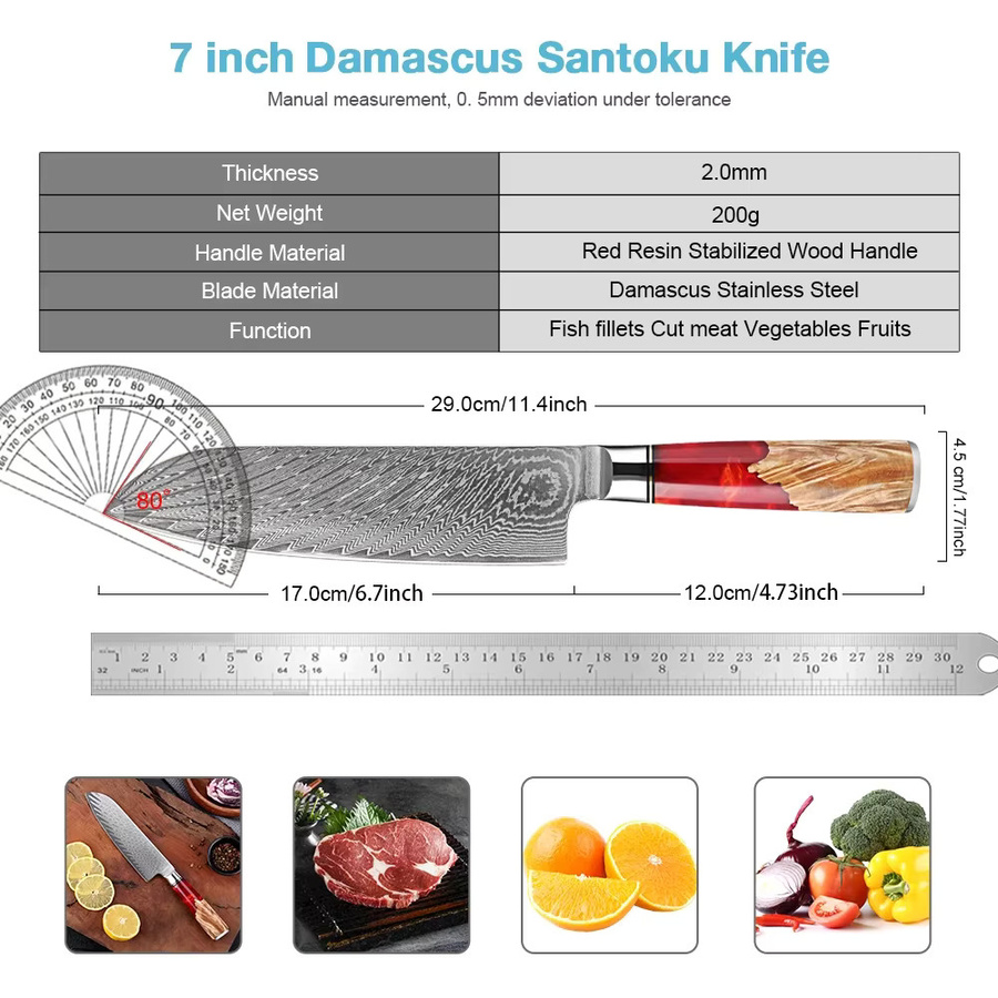 Xituo Santoku Damastmesser aus Damaststahl mit rotem Harzgriff, Länge: 17,78 cm - Bild 2