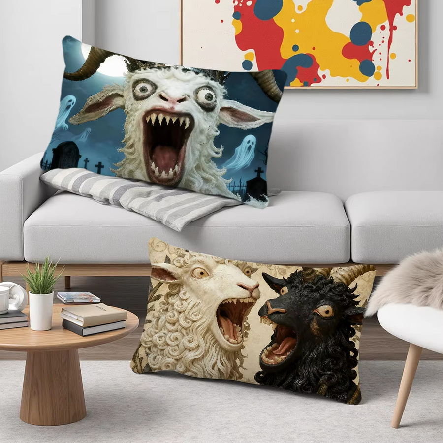 Rechteckiger Kissenbezug mit Grusel-Ziege-Motiv von Potdemiel in Weiß für dein Zuhause oder Wohnheim - Bild 6