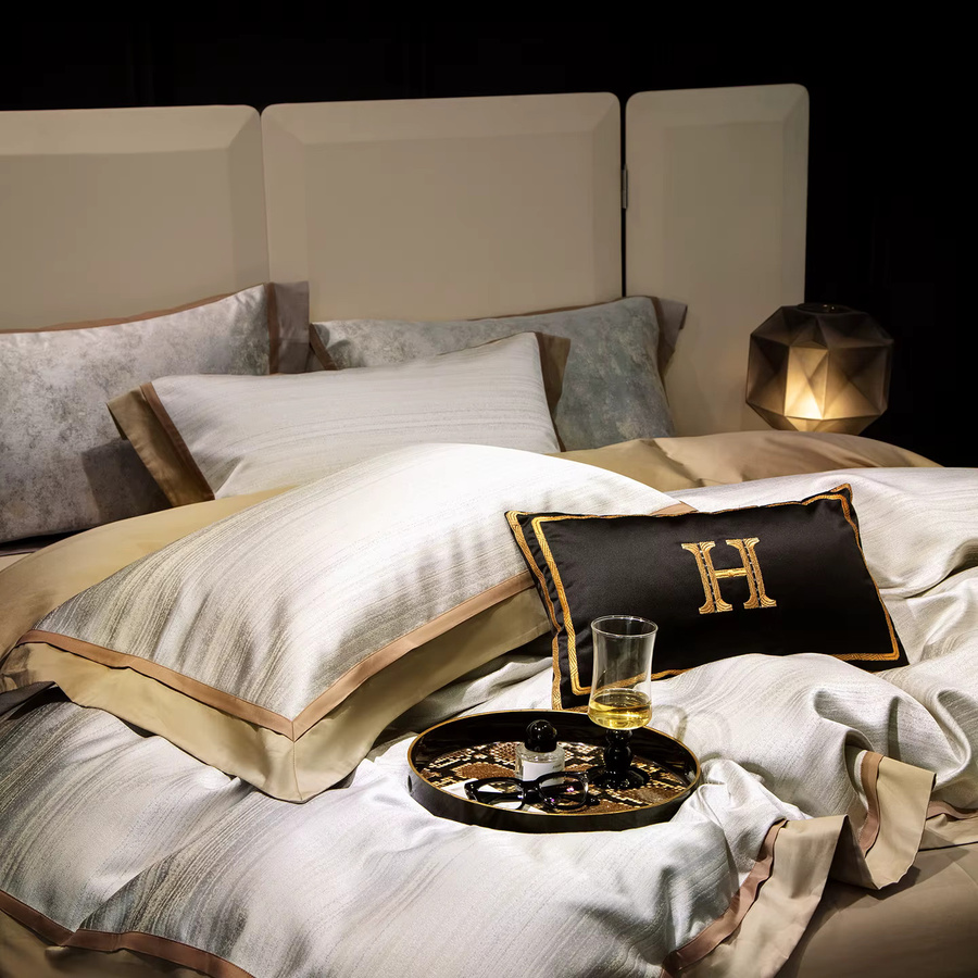 Luxus Bettwäsche-Set aus ägyptischer Baumwolle mit Jacquard-Webung, Beige, 1000 TC, bestehend aus Bettbezug, Spannbettlaken und Kissenbezügen, B/H: 150 x 200 cm - Bild 3