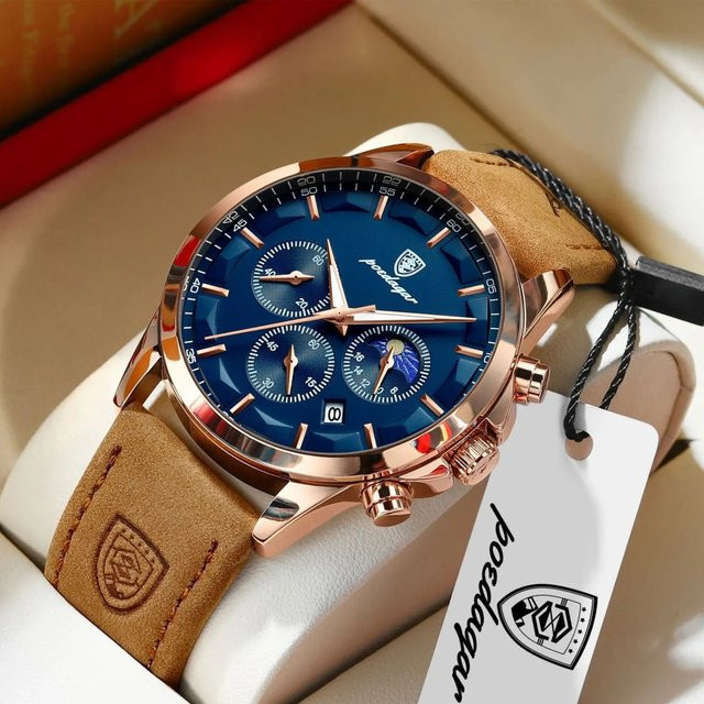 POEDAGAR Chronograph Armbanduhr, Quarz, Leder, Blau, Roségold, Herren - Bild 1
