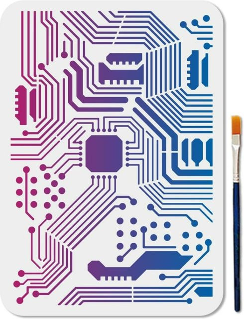 Wiederverwendbare Mixed Media Schablonen im Elektronik-Cyber-Design, Leiterplatten-Zeichnungsvorlagen, Multicolor, Breite: 21,1 cm, Höhe: 29,7 cm - Bild 1