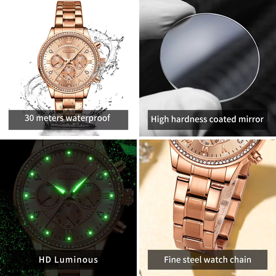 OLEVS Chronograph, Quarz, Edelstahl, Roségold, Damen - Bild 3