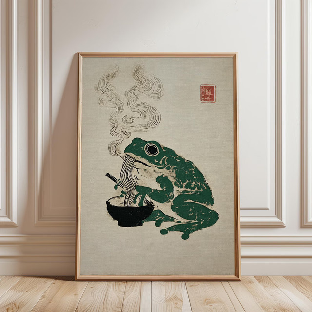 Japanische Wandillustration Frosch isst Ramen im Holzblock-Stil auf Leinwand, mehrfarbig, rechteckig - Bild 1