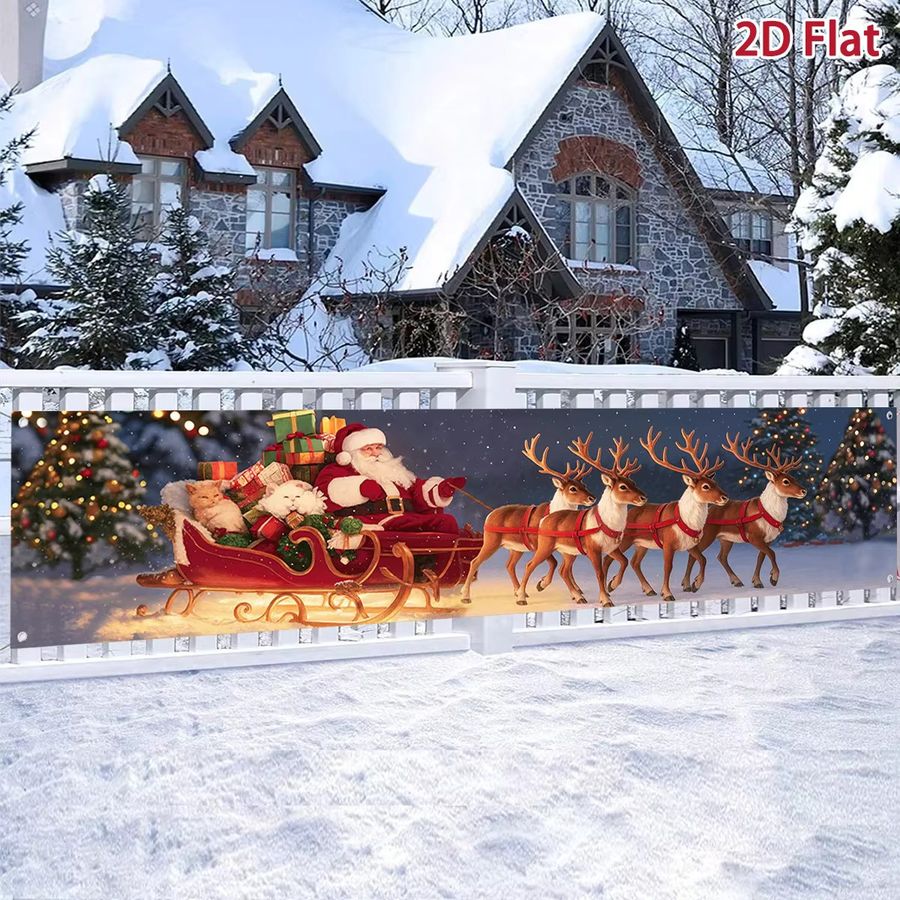 VIKAMA Christmas Happy Banner für Weihnachten und Neujahr als hängende Außendekoration für Balkon, Garten und Zaun mit Santa Claus Motiv, B/H: 180 x 35 cm - Bild 2