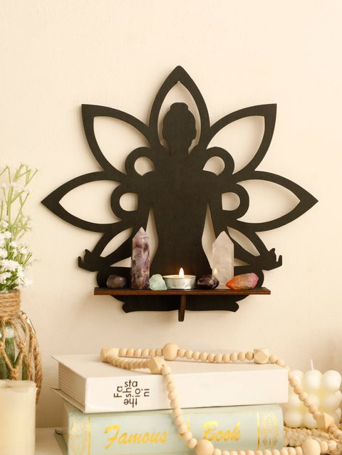 Holz Wandregal Buddha Boho Design in Schwarz für deine ästhetische Raumdekoration - Bild 1