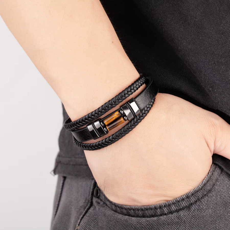 YAN MIN TRADE Armband, Leder, Perlen, Tigerauge-Stein, Edelstahl, Schwarz, Unisex - Bild 2
