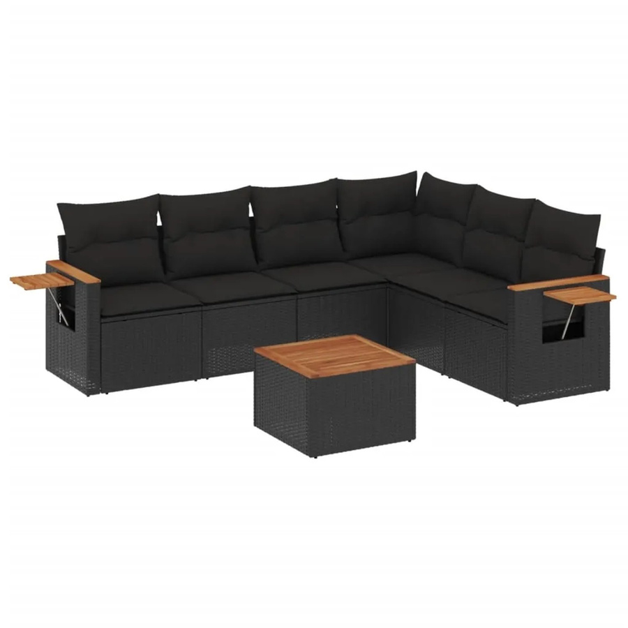 vidaXL 7-teilige Garten-Sofagarnitur in L-Form aus schwarzem Poly-Rattan mit Kissen und Akazienholz - Bild 2