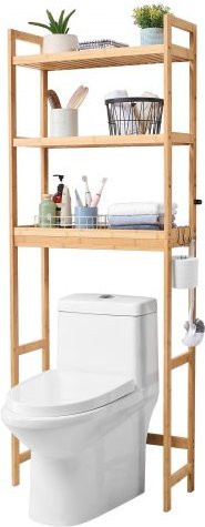 VEVOR Badezimmer Regal aus Bambus, 3-stufiges Standregal über der Toilette mit verstellbaren Ablagen und 3 Haken, braun, H x B x T: 170 x 63 x 26 cm - Bild 1