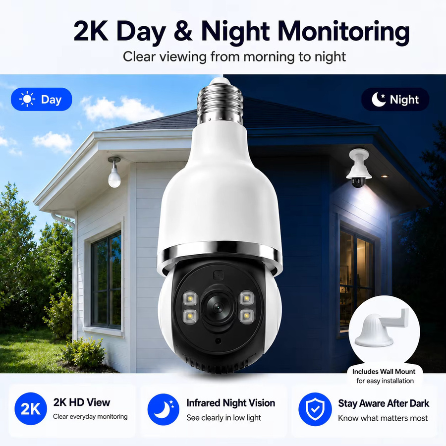 AUBERON E27 Smart Glühbirnen-Kamera mit 2K HD Auflösung, Tuya APP Steuerung, WLAN, PTZ Schwenk-Neige, Wasserdicht, Nachtsicht, Bewegungserkennung und Zwei-Wege-Audio, Farbe: Weiß - Bild 5
