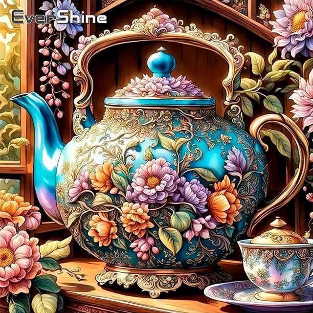 EverShine Diamantmalerei Pfingstrose Blume Teekanne als Strass Bild Mosaik Handwerk zur Wanddekoration, Mehrfarbig, B/H: 20 x 20 cm - Bild 1