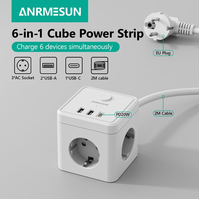 ANRMESUN 6-in-1 EU-Steckdosenleiste in Weiß mit PD20W Schnellladung, Überspannungsschutz und 2m Verlängerungskabel, inklusive 3 AC-Steckdosen, 2 USB-A und 1 USB-C Anschluss - Bild 1