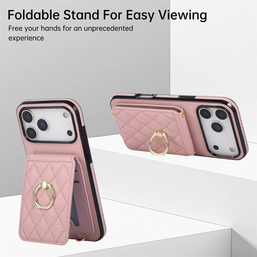 Lederne Crossbody Handyhülle mit Lanyard und Ring für Apple iPhone 7 bis 17 Pro Max in Schwarz und Pink - Bild 3