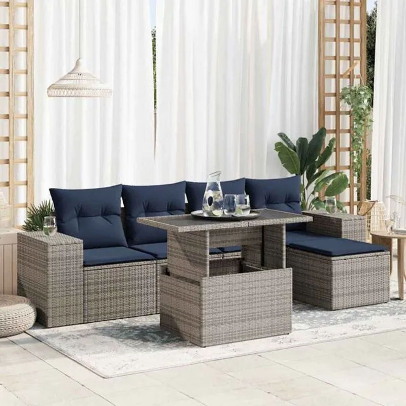6-teilige Garten-Sofagarnitur aus Poly-Rattan und Akazie mit Kissen in Grau von vidaxl - Bild 1