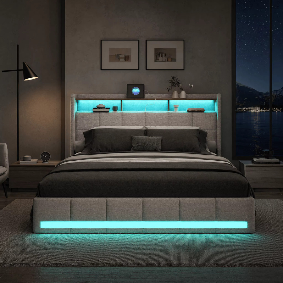 WoodenAura Doppelbett mit 4 Schubladen und LED-Beleuchtung sowie USB-Anschluss, gepolstertes Stauraumbett in Beige, B/T/H: 180 x 200 cm - Bild 2