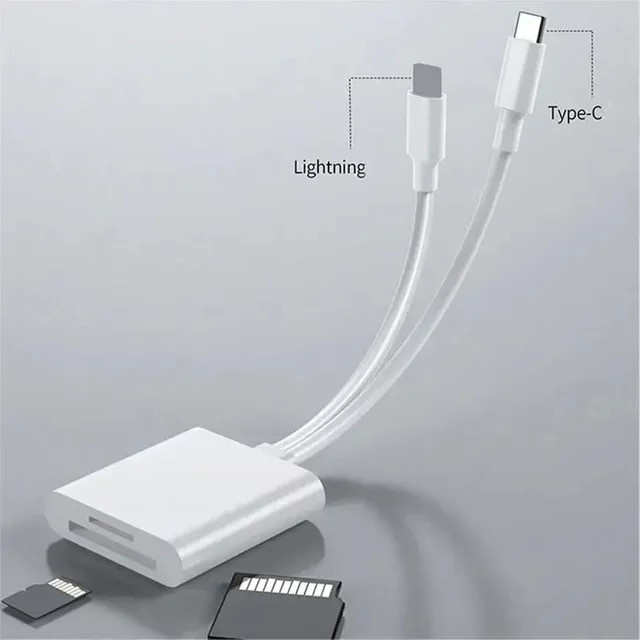 2-in-1 OTG Kartenleser Typ C und Lightning auf SD-TF Speicherkartenadapter in Weiß für iPhone, PC und Laptop ohne App-Anforderung - Bild 1