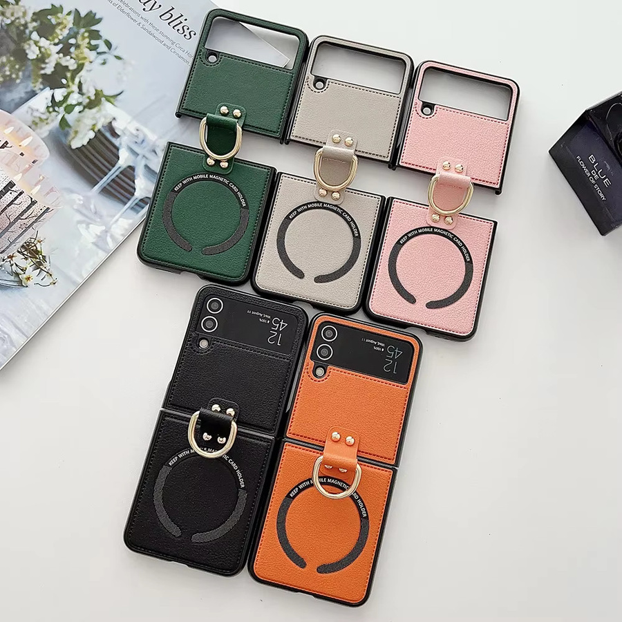 Magnetische PU-Leder-Handyhülle für Samsung Galaxy Z Flip 7, 6, 5, 4, 3 mit Ringhalter und MagSafe-Unterstützung, Farbe: Schwarz - Bild 1