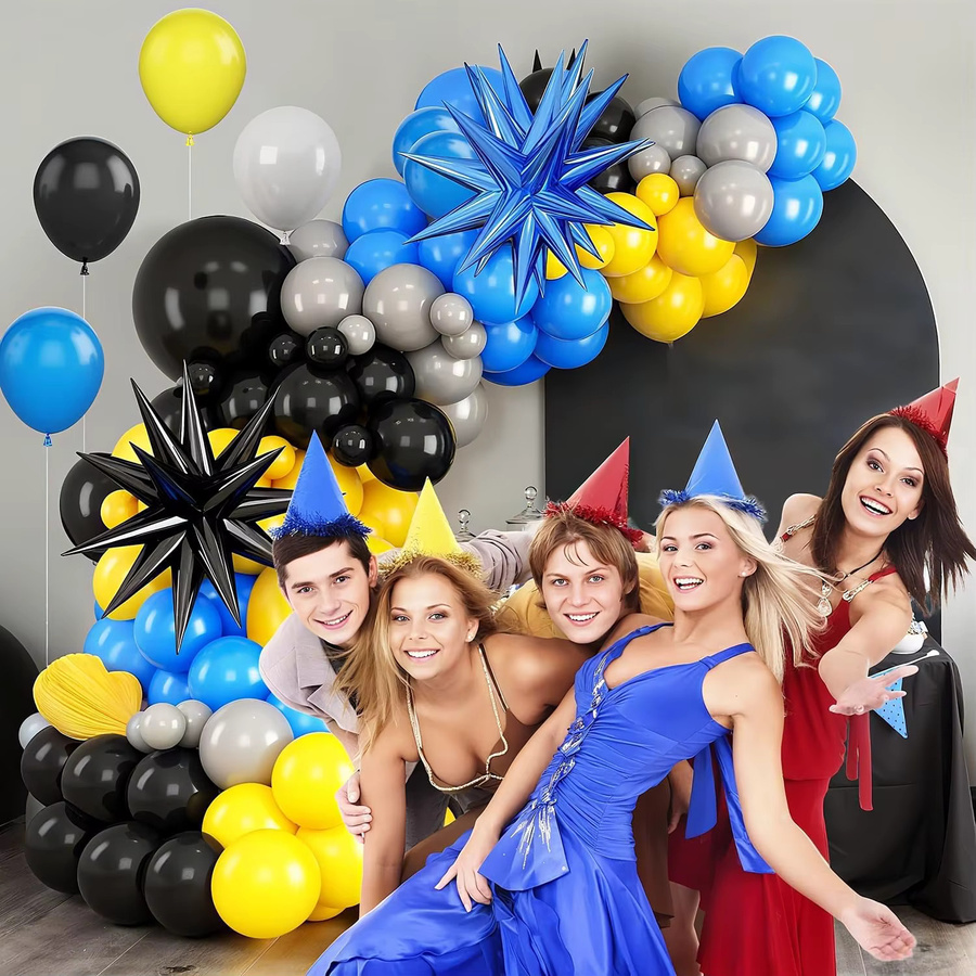 RENYUAN Ballonbogen-Set mit Stern-Folienballons in Blau, Gelb, Schwarz und Grau für Kindergeburtstage und Abschlussfeiern - Bild 4