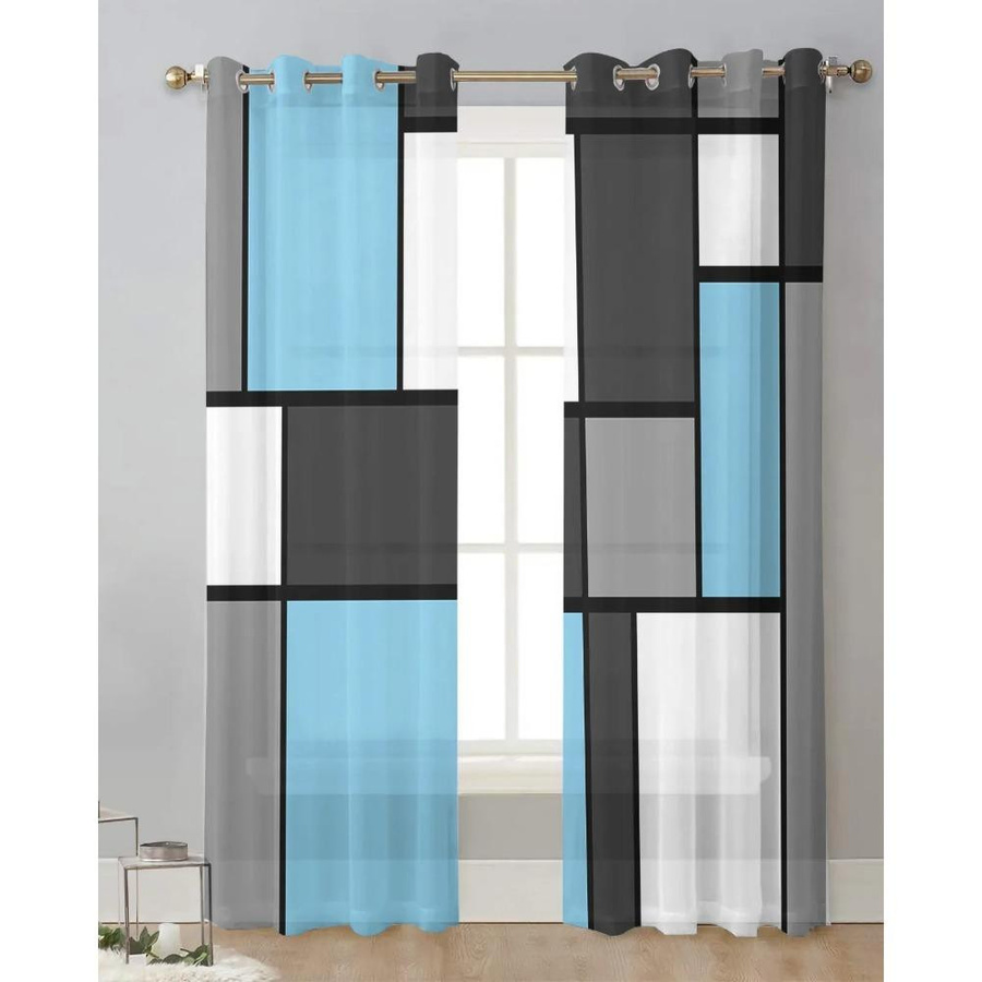 Yiran Furniture Transparente Organza-Vorhänge mit geometrischem Muster in Himmelblau, Tüll-Dekorationsvorhang für Wohnzimmer und Küche, Breite: 135 cm, Höhe: 115 cm - Bild 1