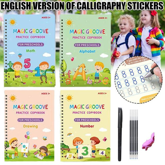 Magic Groove Wiederverwendbares Übungskopierbuch für Kinder zum Erlernen der englischen Kalligraphie inklusive Stift, Mehrfarbig - Bild 1