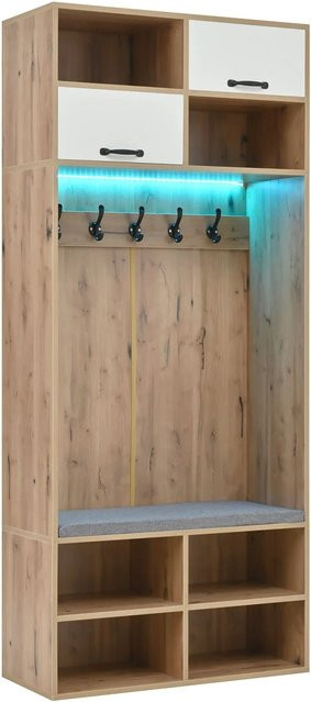 okwish Garderoben Set mit Sitzbank und Haken für den Flur in Natur, B/T/H: 80 x 35 x 185 cm - Bild 1