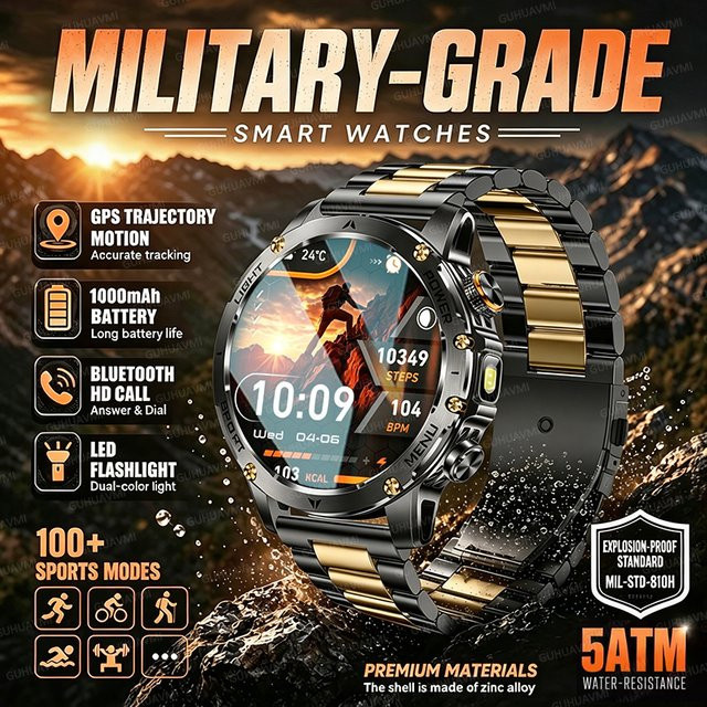 TAVYU Militärische Smartwatch für Herren in Schwarz mit 1,7 Zoll AMOLED-Bildschirm, GPS, NFC, Anruffunktion und 1000 mAh Akku, 5ATM wasserdicht - Bild 1