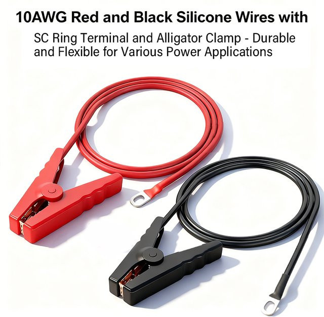 Auto-Starthilfekabel mit Krokodilklemmen und 10AWG Silikon-Flexkabel in Rot und Schwarz, Länge: 1 m, inklusive SC-Ringklemme - Bild 1