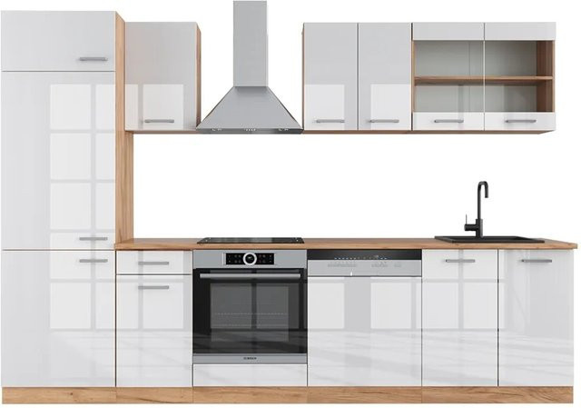 Vicco R-Line Küchenzeile Weiß Hochglanz und Eiche, Breite: 300 cm, Höhe: 207 cm, Tiefe: 60 cm - Bild 1