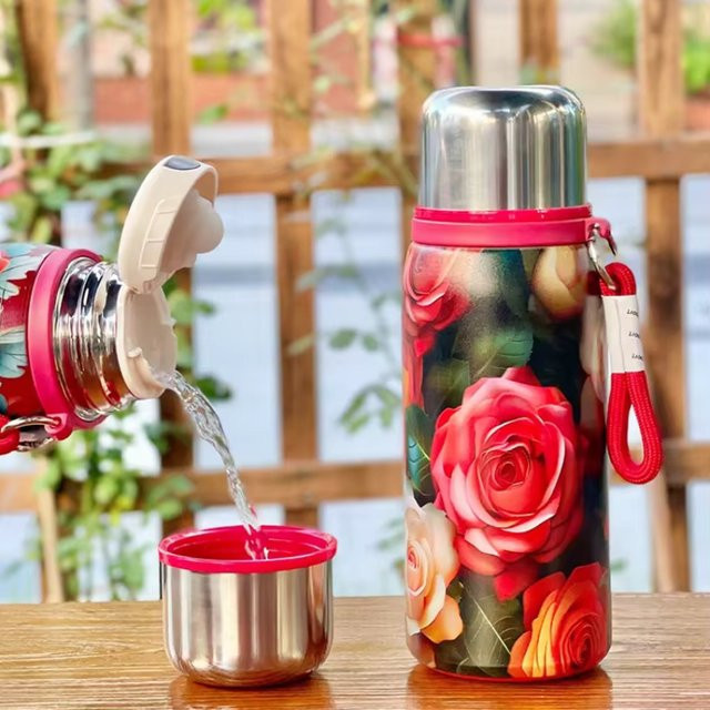 Edelstahl Isolierbecher mit Retro-Rosenmuster in Grün und Multicolour, tragbarer Thermo-Becher mit großem Fassungsvermögen für das Auto - Bild 1