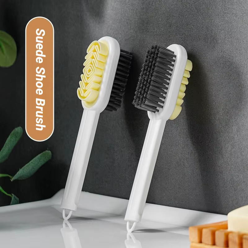 2-in-1 Wildleder-Schuhbürste mit Reinigungsgummi und Plastikborsten in Orange und Weiß - Bild 3