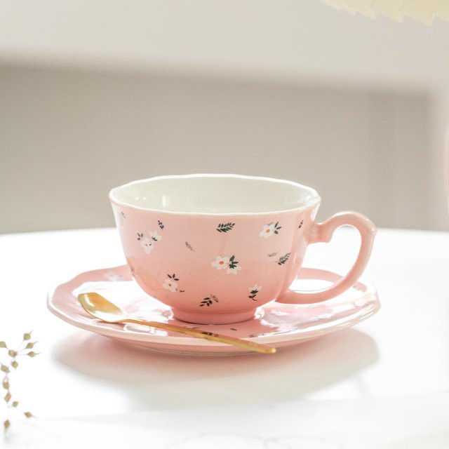 Yiran bag Keramische Kaffeetasse mit Löffel und floralem Design, Weiß oder Rosa, 165 ml - Bild 1